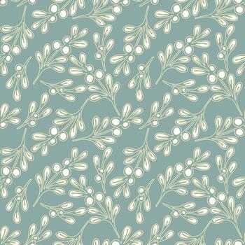 Pastel textile pattern, light botanical elements twigs with berry, contour hand drawn branch, on soft blue background. vector