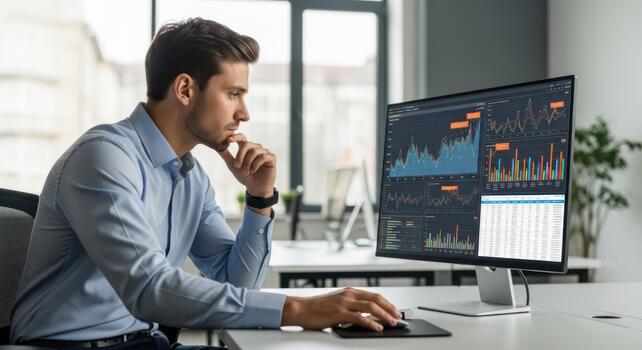 A man sitting at a desk with a computer screen showing graphs photo