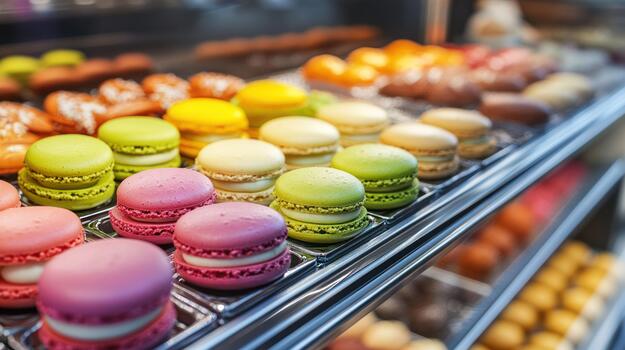 Many different types of macarons are on display in a store photo
