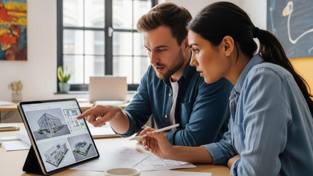 Two people looking at a computer screen while working on a project photo