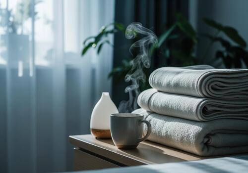 acogedor dormitorio esquina con humeante taza, suave mantas, y esencial petróleo difusor foto