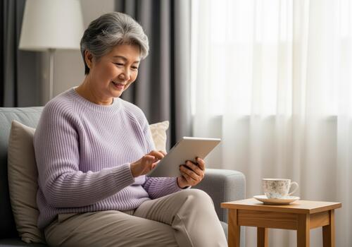 Content senior asian woman browsing internet on tablet while relaxing at home photo
