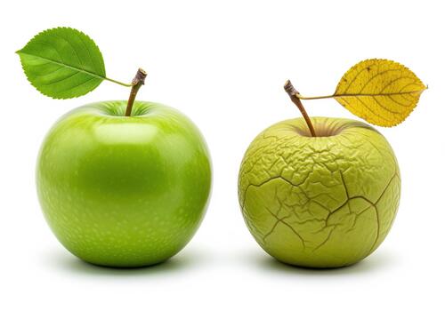 Fresh and rotten green apple comparison showing aging process photo