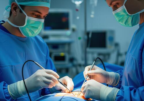 Skilled surgeons performing minimally invasive surgical procedure photo
