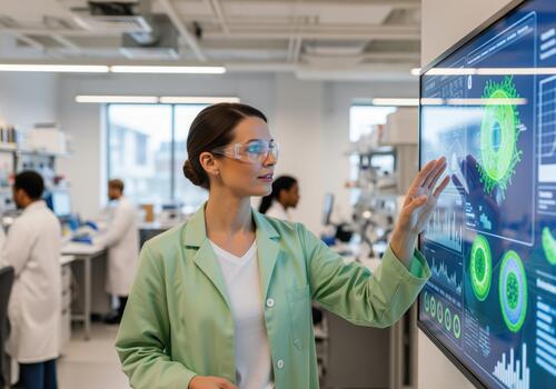 Female scientist analyzing scientific data on a large digital screen in a modern laboratory. photo
