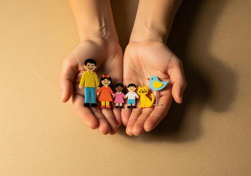 Caring hands protecting a diverse felt family with pets, symbolizing love and security photo