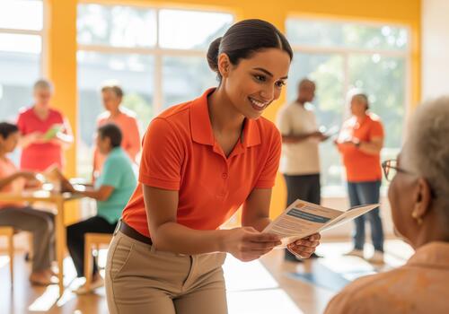Smiling community health worker explaining brochure to senior woman photo