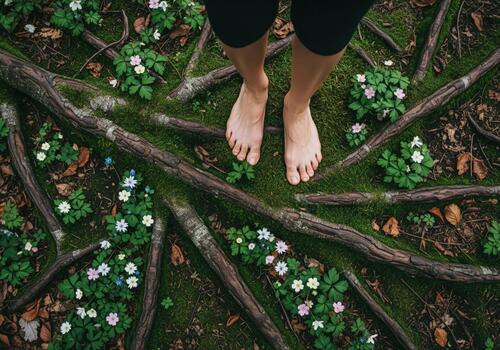 Bare feet on mossy forest floor with tree roots and delicate wildflowers photo
