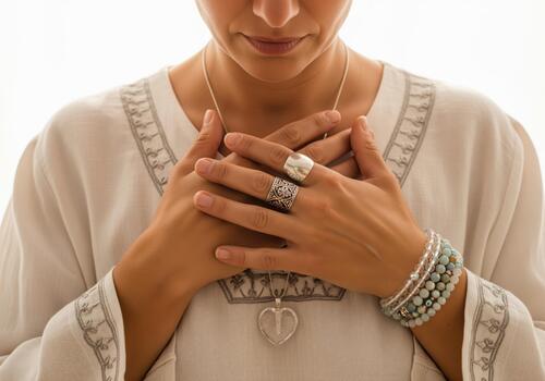 Serene woman with hands over heart expressing spiritual connection and mindfulness photo