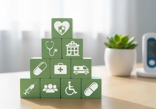 Pyramid stack of green blocks with healthcare icons representing medical services photo