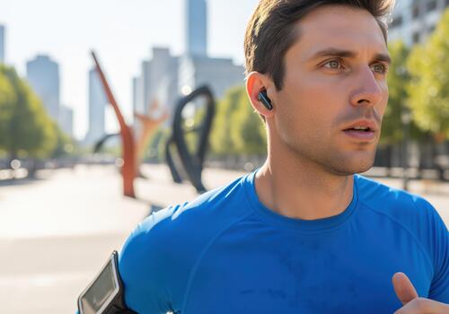 Determined man running with wireless earbuds during a morning workout photo