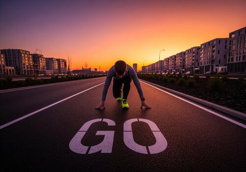 Athlete in starting position on a road with GO text, ready to run at sunset photo