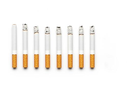 Progression of eight cigarettes from unlit to fully burnt with ash photo