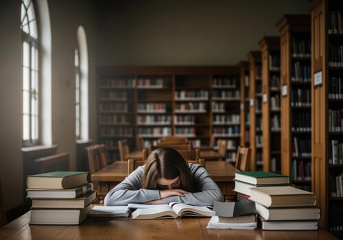 Exhausted student sleeping on books in a dimly lit traditional library photo