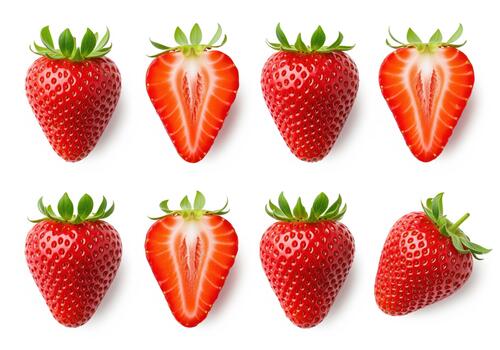 Perfectly ripe red strawberry whole and halved for healthy eating concepts photo