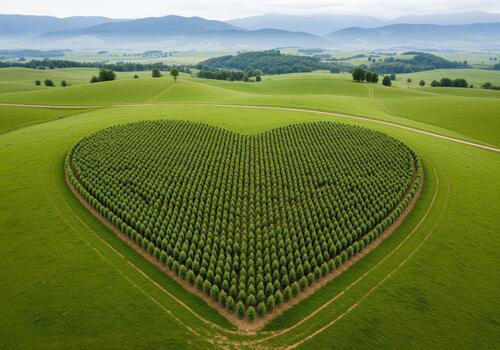 Heart shaped field of green saplings in a vast rolling landscape photo