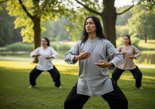 Group of people practicing tai chi with flowing movements in a serene park photo