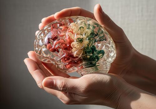 Hands gently holding a clear resin brain sculpture with colorful liquid swirls photo