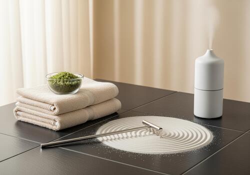 zen spa experiencia con aromático difusor, suave toallas, y verde bañera sales foto