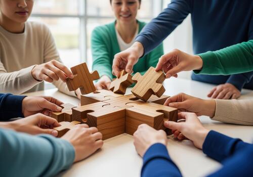 Diverse hands collaborating to assemble a large wooden jigsaw puzzle photo
