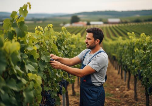 Winemaker diligently checking the quality of grapes on a vine row photo