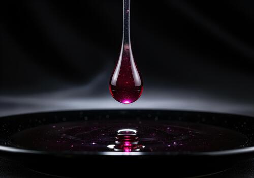 Intense close up of a dark red liquid drop falling into a reflective surface photo