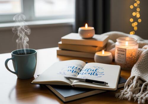 Cozy journaling setup with steaming coffee, open notebook, and warm candles photo