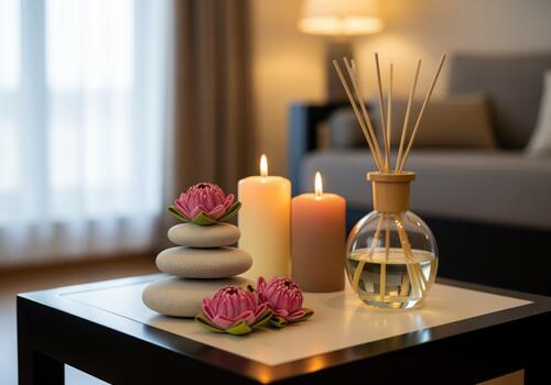 sereno spa arreglo con iluminado velas, Junco difusor, y loto flores foto