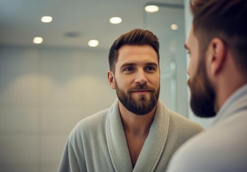 Self assured man with a neat beard in bathrobe looking at his reflection photo