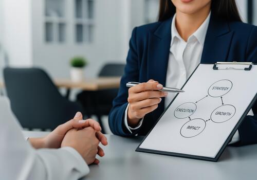 Female business mentor explaining strategy execution and growth impact photo