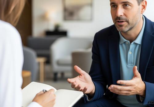 Professional man in a suit explaining ideas during a business meeting photo