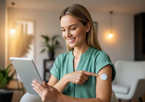 Smiling woman monitors blood glucose with CGM device and digital tablet photo