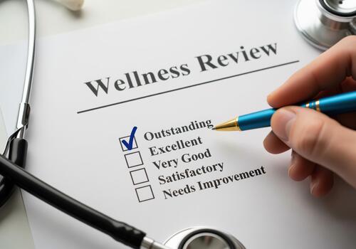 Wellness review form showing outstanding checked by a hand with a pen photo