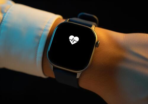 Person wearing a modern smartwatch displaying a heart rate monitor icon photo