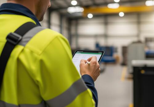 Operations manager in high visibility vest using digital tablet with stylus photo