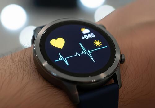 pulcro reloj inteligente en un persona muñeca mostrando corazón Velocidad y clima datos foto