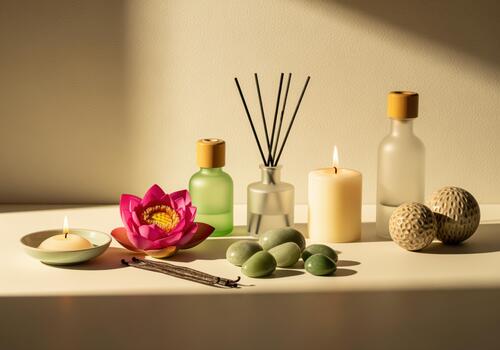 calmante spa esenciales, loto, iluminado velas, difusor, y natural piedras foto