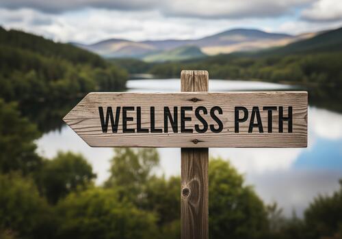 Rustic wooden signpost with WELLNESS PATH text indicating a healthy direction photo