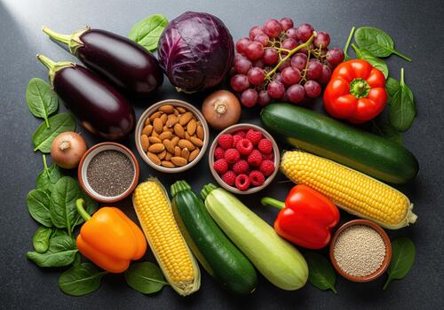 Vibrant array of healthy organic produce nuts and seeds for balanced nutrition photo