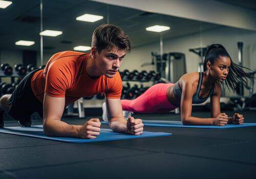 Determined athletes performing plank exercise for core strength in gym photo