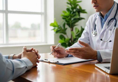 Doctor consulting with patient, explaining medical information in a clinic setting photo
