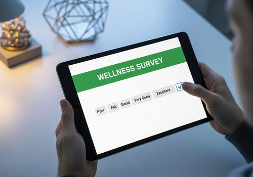 Person completing a digital wellness survey on a tablet, selecting excellent rating photo