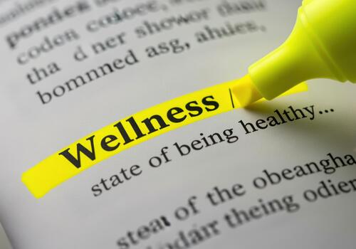 Wellness word highlighted in dictionary showing definition of health photo