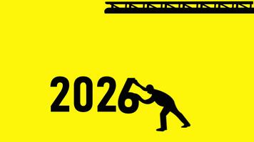 Black crane and worker assembling 2026 on yellow background lifts the digit 5, transforming 2025 into 2026 with a worker silhouette, symbolizing construction progress, growth, future of development. video