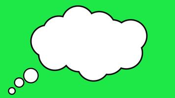 white thought bubble with black outline on green screen, blank speech cloud with tail dots animated thinking cloud for overlays and compositing explainer videos and graphic design