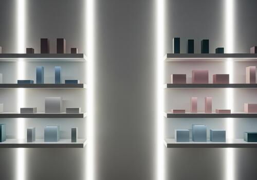 Sleek illuminated shelving unit showcasing abstract pastel geometric shapes photo