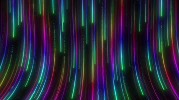dati flusso vivace neon Linee flusso nel ritmico onde attraverso buio sfondo, la creazione di dinamico astratto digitale colorato raggiante striature pulse e curva nel senza soluzione di continuità ciclo continuo Tech musica o evento immagini video