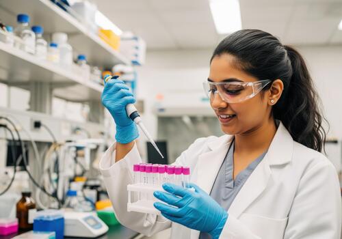Smiling young female scientist pipetting samples into test tubes in a lab photo