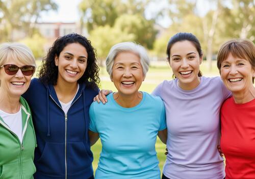 Five happy diverse women of different generations smiling and embracing photo