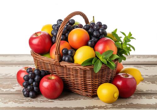 vibrante Fresco Fruta cesta desbordante con manzanas uvas naranjas y limones foto